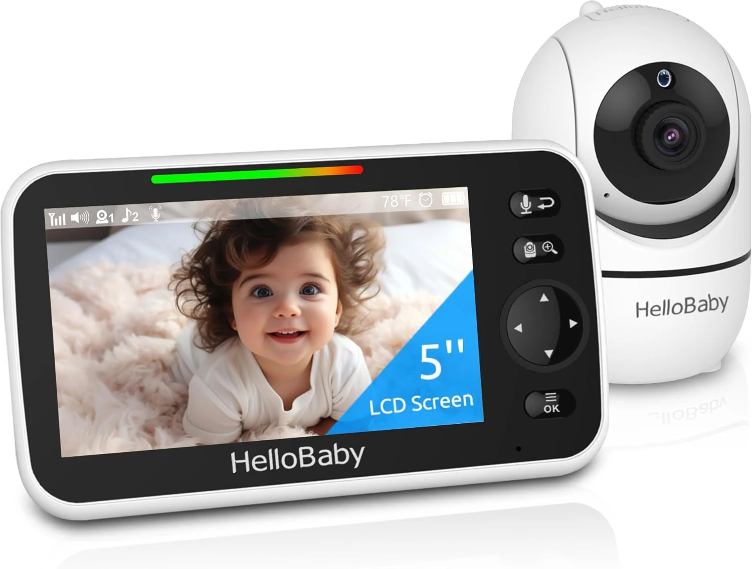 جهاز مراقبة الطفل HelloBaby بدون واي فاي بشاشة 5 إنش، بطارية تدوم 30 ساعة، كاميرا بتحكم بان، ميل، وزووم، رؤية ليلية، صوت ثنائي الاتجاه، 8 ألحان هادئة، ونطاق يصل إلى 1000 قدم، موديل HB6550
